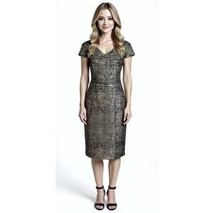 Betsy Johnson Black Gold Cap Sleeve Sheath Cocktail Dress 8 M Wedding Guest Glam
